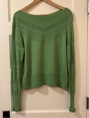 Halogen • Pointelle Boatneck Sweater • Green Chevron Knit • Size L